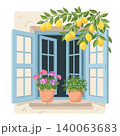 Italian Summer Window with Lemon Tree and Flower Pots Isolated on Transparent Background 140063683