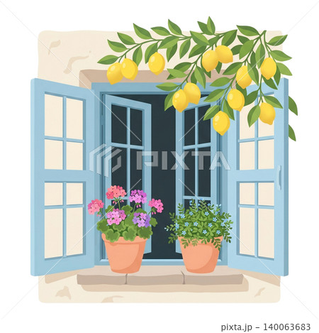 Italian Summer Window with Lemon Tree and Flower Pots Isolated on Transparent Background Italian Summer Window with Lemon Tree and Flower Pots Isolated on Transparent Background 140063683