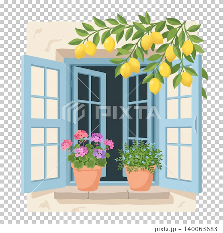 Italian Summer Window with Lemon Tree and Flower Pots Isolated on Transparent Background Italian Summer Window with Lemon Tree and Flower Pots Isolated on Transparent Background 140063683