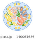 Mediterranean Seafood Platter with Shrimp Mussels and Calamari Isolated on Transparent Background 140063686