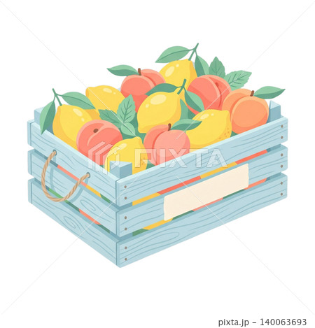 Rustic Fruit Crate with Lemons and Peaches Isolated on Transparent Background Rustic Fruit Crate with Lemons and Peaches Isolated on Transparent Background 140063693