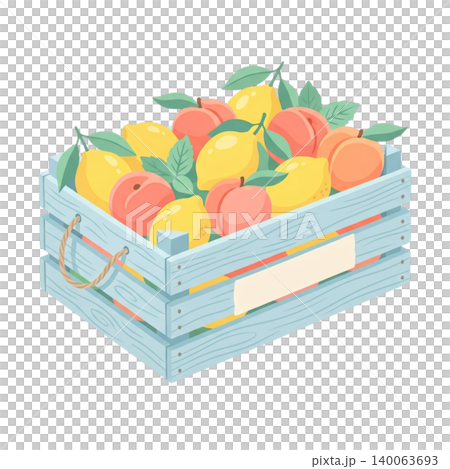 Rustic Fruit Crate with Lemons and Peaches Isolated on Transparent Background Rustic Fruit Crate with Lemons and Peaches Isolated on Transparent Background 140063693