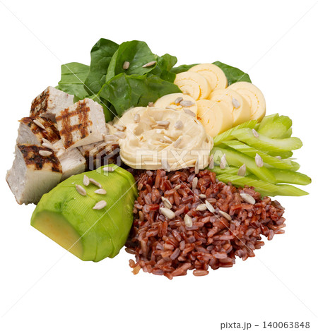 Healthy buddha bowl salad isolated on white background. Balanced diet meal with hummus, red rice, grilled poultry, avocado, celery and egg rolls. Healthy buddha bowl salad isolated on white background. Balanced diet meal with hummus, red rice, grilled poultry, avocado, celery and egg rolls. 140063848