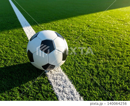 Classic black and white soccer ball on a lush green grass field Classic black and white soccer ball on a lush green grass field 140064256