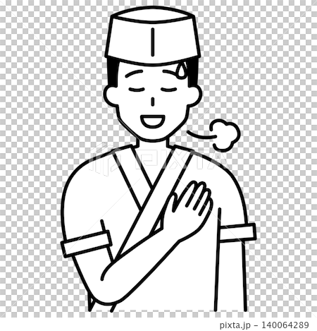 A male waiter at a Japanese restaurant puts his hand on his chest and looks relieved. A male waiter at a Japanese restaurant puts his hand on his chest and looks relieved. 140064289