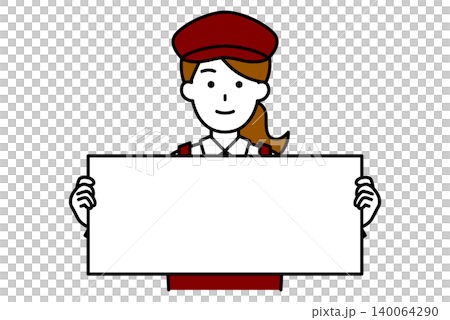 A female employee at a cafe with a long, horizontal sign. A female employee at a cafe with a long, horizontal sign. 140064290