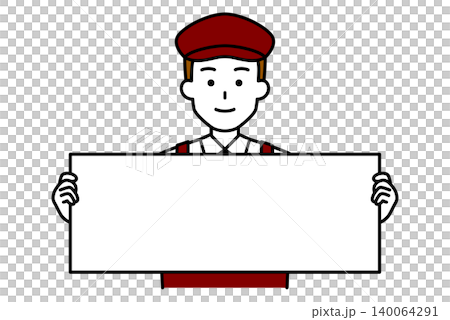 A male employee at a cafe with a horizontal sign. A male employee at a cafe with a horizontal sign. 140064291