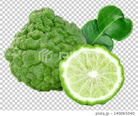 Fresh kaffir lime fruit and a half slice with green leaves isolated. Citrus hystrix with wrinkled skin, often used for Thai food, essential oils, and aromatherapy products. Fresh kaffir lime fruit and a half slice with green leaves isolated. Citrus hystrix with wrinkled skin, often used for Thai food, essential oils, and aromatherapy products. 140065040