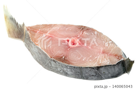 Raw king mackerel fish steak with tail fin isolated. Fresh seafood slice showing pink meat, silver skin and center bone. High quality ingredient for cooking and healthy eating. Raw king mackerel fish steak with tail fin isolated. Fresh seafood slice showing pink meat, silver skin and center bone. High quality ingredient for cooking and healthy eating. 140065043