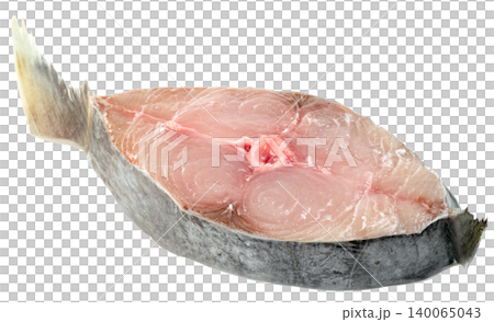 Raw king mackerel fish steak with tail fin isolated. Fresh seafood slice showing pink meat, silver skin and center bone. High quality ingredient for cooking and healthy eating. Raw king mackerel fish steak with tail fin isolated. Fresh seafood slice showing pink meat, silver skin and center bone. High quality ingredient for cooking and healthy eating. 140065043