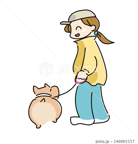 犬とお散歩するイラスト｜ペットと飼い主・犬の散歩イメージ素材 140065157