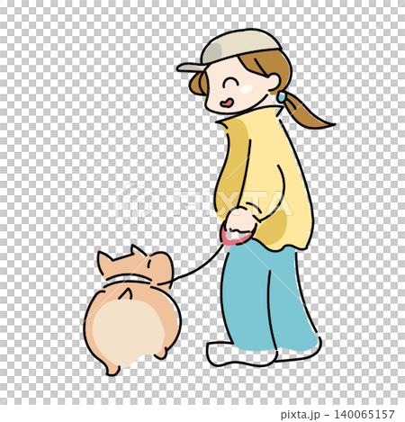 犬とお散歩するイラスト｜ペットと飼い主・犬の散歩イメージ素材 140065157