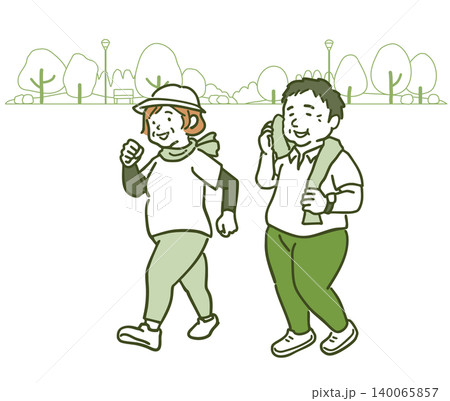 ウォーキングをするぽっちゃり体形の男女 公園の背景があるアースカラーのイラスト ウォーキングをするぽっちゃり体形の男女 公園の背景があるアースカラーのイラスト 140065857