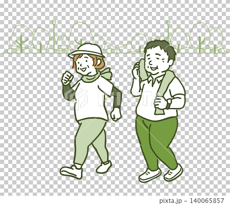ウォーキングをするぽっちゃり体形の男女 公園の背景があるアースカラーのイラスト ウォーキングをするぽっちゃり体形の男女 公園の背景があるアースカラーのイラスト 140065857