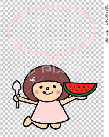 A speech bubble of a refined girl with a bob haircut eating watermelon with a spoon. A speech bubble of a refined girl with a bob haircut eating watermelon with a spoon. 140065889