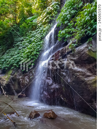 Tropical waterfall cascading over dark mossy rocks into shallow pool surrounded by dense jungle vegetation 140065970
