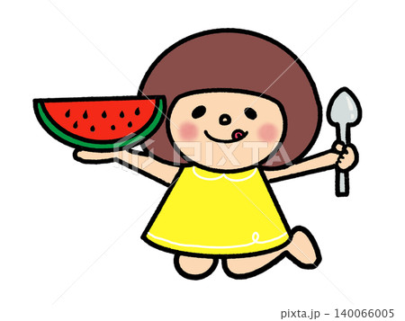 スプーンを使ってスイカをおいしそうに食べるカワイイおかっぱボブの女の子 スプーンを使ってスイカをおいしそうに食べるカワイイおかっぱボブの女の子 140066005