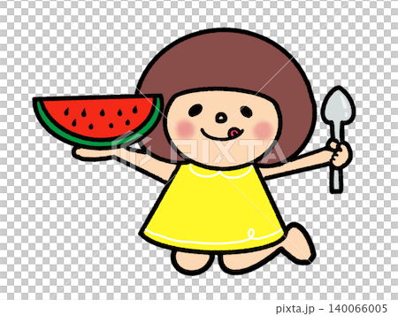 スプーンを使ってスイカをおいしそうに食べるカワイイおかっぱボブの女の子 スプーンを使ってスイカをおいしそうに食べるカワイイおかっぱボブの女の子 140066005