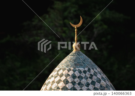 Golden crescent gleams atop domed structure Golden crescent gleams atop domed structure 140066363