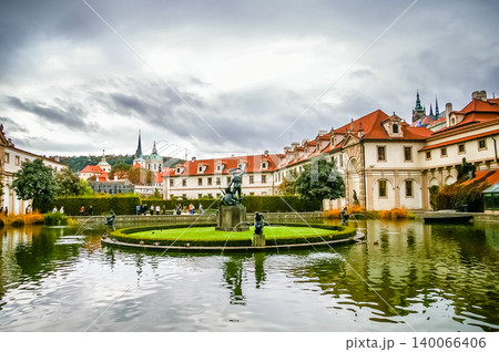 Wallenstein Garden pond with bronze sculptures and Prague Castle in background, Prague, Czech Republic Wallenstein Garden pond with bronze sculptures and Prague Castle in background, Prague, Czech Republic 140066406