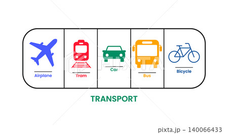 Set of colorful transportation icons including airplane train car bus and bike 140066433