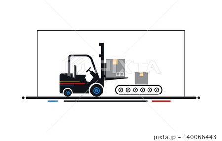 Forklift loading cardboard boxes onto a warehouse conveyor belt with forklift 140066443
