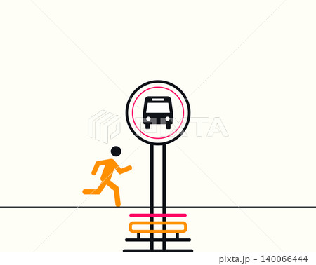 Person running towards a bus stop sign icon with public transport, commuter Person running towards a bus stop sign icon with public transport, commuter 140066444