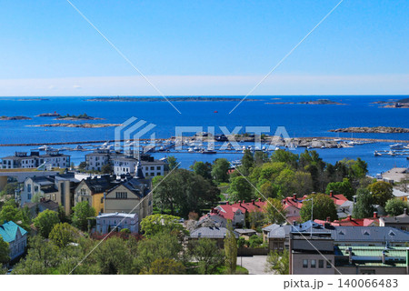 Top View of Resort Town Hanko in Finland. Islands, Yachts on Water and Houses. 140066483