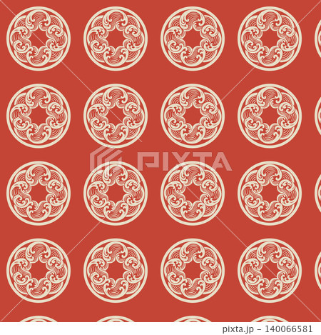 Traditional Japanese Wave Crest Circular Motif Seamless Pattern on Red Background 140066581