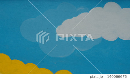 Cute sky background with painted white clouds and yellow sun on bright blue wall. Cute sky background with painted white clouds and yellow sun on bright blue wall. 140066676