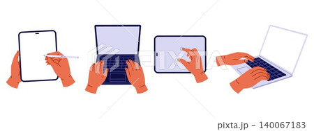 Hands using tablet, laptop and digital devices. Typing, drawing with stylus and touchscreen interaction. Modern technology and gadgets concept. Vector illustration in cartoon style Hands using tablet, laptop and digital devices. Typing, drawing with stylus and touchscreen interaction. Modern technology and gadgets concept. Vector illustration in cartoon style 140067183
