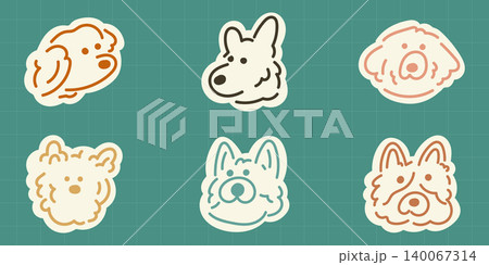 Cute cartoon doodle collection of six hand drawn dog face stickers featuring corgi, shiba and fluffy breeds with various expressions, ideal for pet, kids, and decorative design content. 140067314