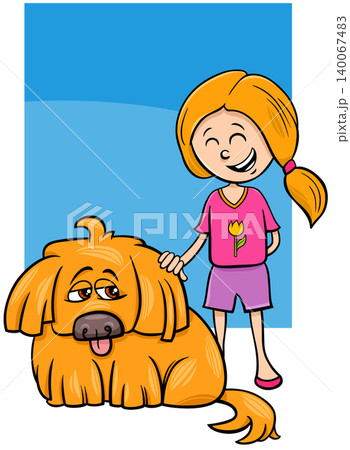 little girl with yellow shaggy dog cartoon illustration little girl with yellow shaggy dog cartoon illustration 140067483