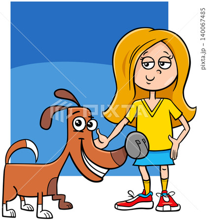 kid or teen girl with funny spotted dog cartoon illustration kid or teen girl with funny spotted dog cartoon illustration 140067485