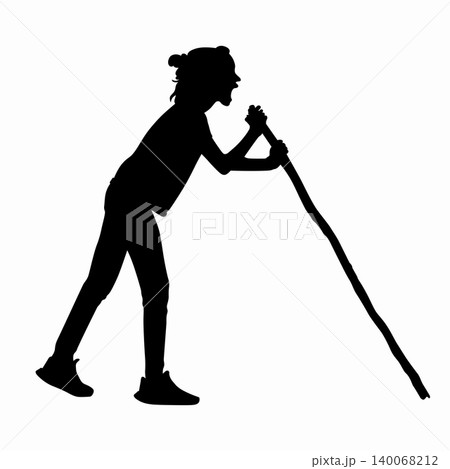 Lost in a forest girl is leaning on a stick and screams for help 140068212