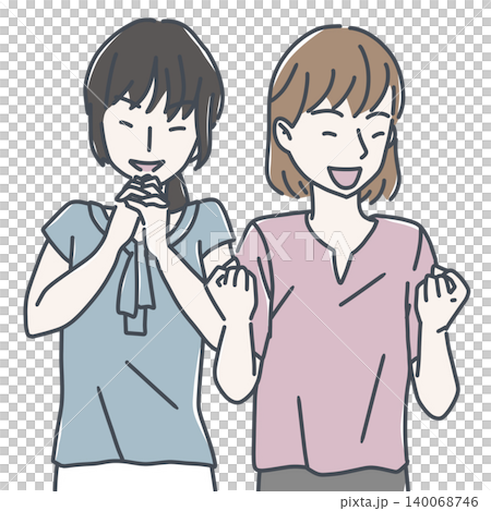 An illustration of two women smiling and making a victory pose, overjoyed. Success An illustration of two women smiling and making a victory pose, overjoyed. Success 140068746