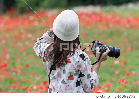 ポピーの花畑を撮影する女性 140068875