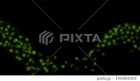 Shiny sparkling green particles with wavy lines on black background Shiny sparkling green particles with wavy lines on black background 140069009