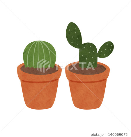 丸サボテンとウチワサボテンのテラコッタ鉢植え 水彩風手描きイラスト 丸サボテンとウチワサボテンのテラコッタ鉢植え 水彩風手描きイラスト 140069073