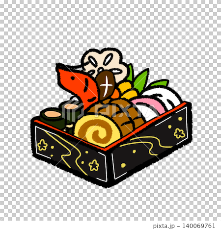 可愛的手繪風格插畫,描繪了禦節料理(新年料理)(黑色背景/堆疊的便當盒/新年) 可愛的手繪風格插畫,描繪了禦節料理(新年料理)(黑色背景/堆疊的便當盒/新年) 140069761
