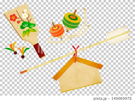New Year's illustration featuring a battledore, spinning top, votive tablet, and demon-repelling arrow. 140069978