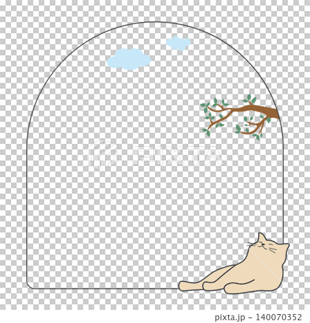A frame featuring a cat relaxing in the shade of a tree, with a natural background of sky and trees. A frame featuring a cat relaxing in the shade of a tree, with a natural background of sky and trees. 140070352