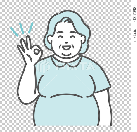 一幅插圖,描繪了一位體型偏胖(豐腴)的老婦人做出「OK」手勢。 一幅插圖,描繪了一位體型偏胖(豐腴)的老婦人做出「OK」手勢。 140070986