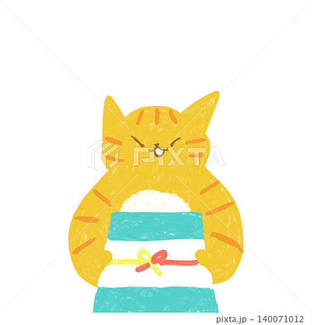 お中元を渡す茶トラ猫　 お中元イラスト素材 140071012