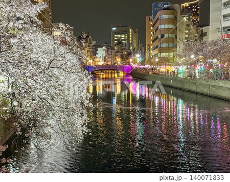 大岡川を美しく彩る煌めく街明かりと幻想的な夜桜 大岡川を美しく彩る煌めく街明かりと幻想的な夜桜 140071833