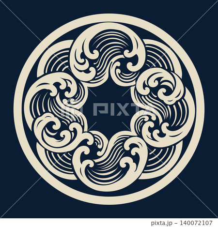 Traditional Japanese Wave Circular Motif on Dark Navy Background 140072107