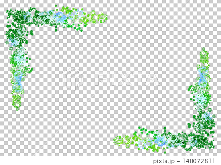 簡潔的邊框,淺藍色花朵和綠葉,白色背景。 簡潔的邊框,淺藍色花朵和綠葉,白色背景。 140072811