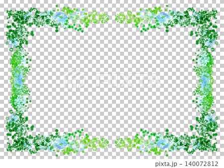 簡潔的邊框,淺藍色花朵和綠葉,白色背景。 簡潔的邊框,淺藍色花朵和綠葉,白色背景。 140072812