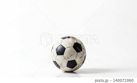 Single worn black and white soccer ball with football equipment isolated background training practice recreation activity tournament championship lighting pentagon athletic professional Single worn black and white soccer ball with football equipment isolated background training practice recreation activity tournament championship lighting pentagon athletic professional 140072860