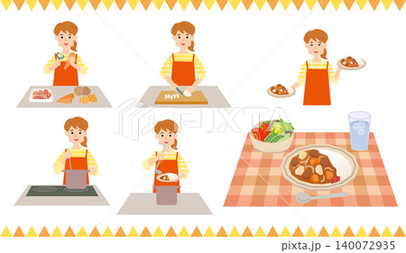 カレーライスを作る女性のイラストセット カレーライスを作る女性のイラストセット 140072935